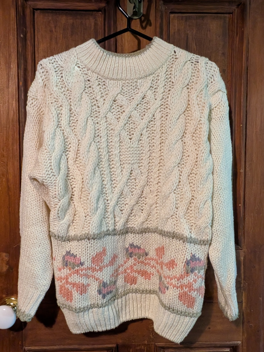 Vintage Adam French Chunky Cable Knit Floral Hem Sweater